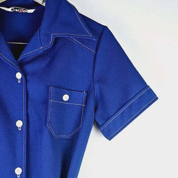 Vintage 1960's Contima Button-up Navy Blue Shift Collared Midi Dress, 16 - Picture 2 of 10